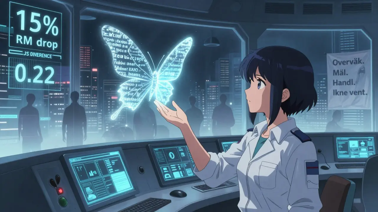 En ingeniør strekker seg mot en tekstbaseret sommerfugl som forandrer seg, mens drift-varsler lyser på vegger bak henne.