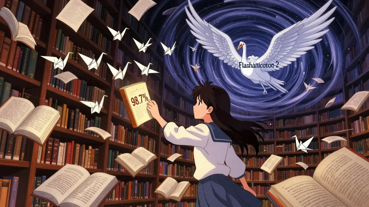 En jente i en flytende bibliotek, ser hvordan oppmerksomhetsvekter blir balansert som origami-kraner mens FlashAttention reduserer kompleksiteten.