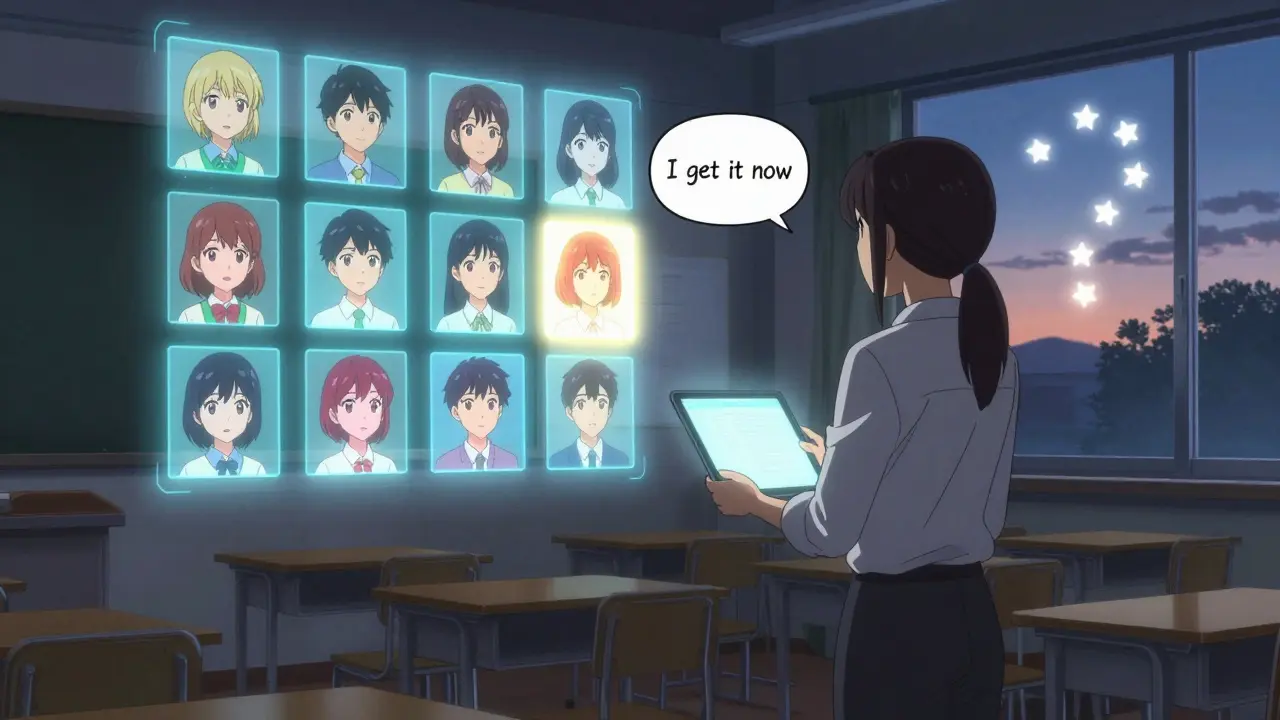 En lærer står i et tomt klasserom og holder en tablet som viser holografiske portretter av elever med individuelle lærebaner.