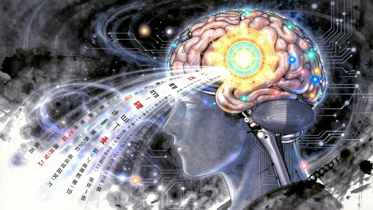 En magisk AI-hjerne med en lysende oppgavegjenkjenningssjikt som aktiveres av tekststrømmer.