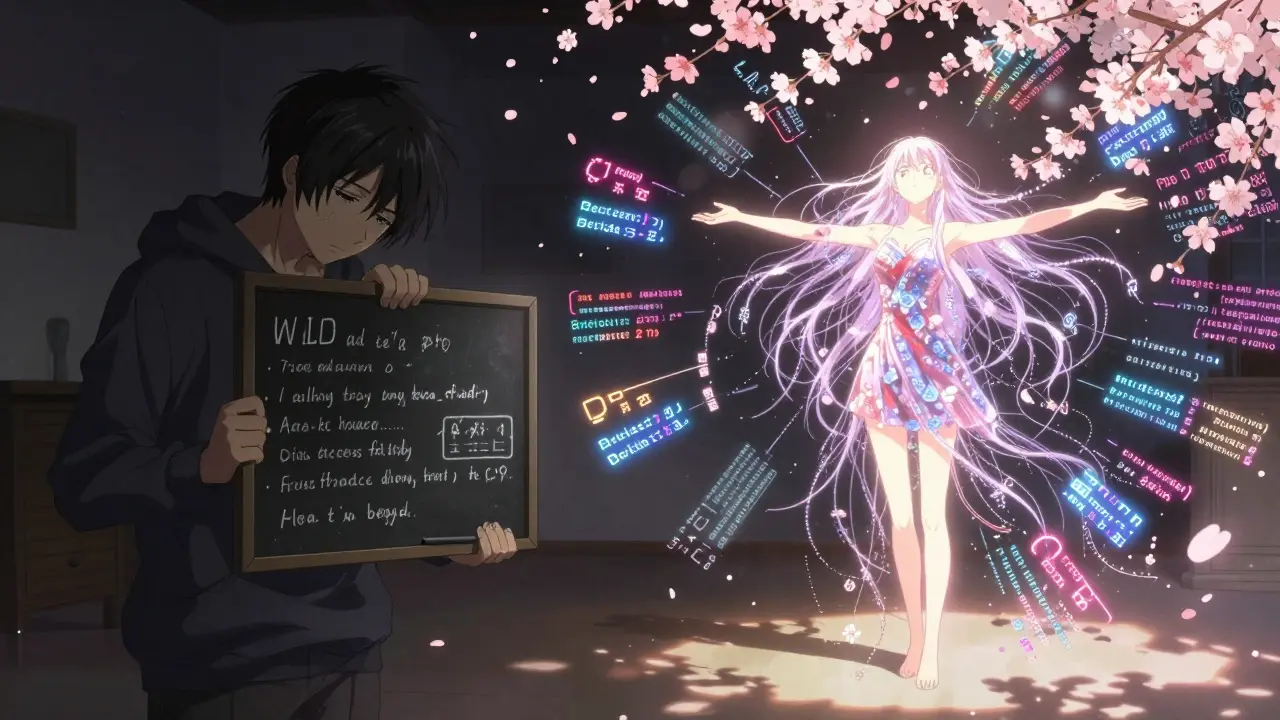 En menneskelig ingeniør står mot en AI med kodehår som utvikler hundre promptvarianter som blomster.