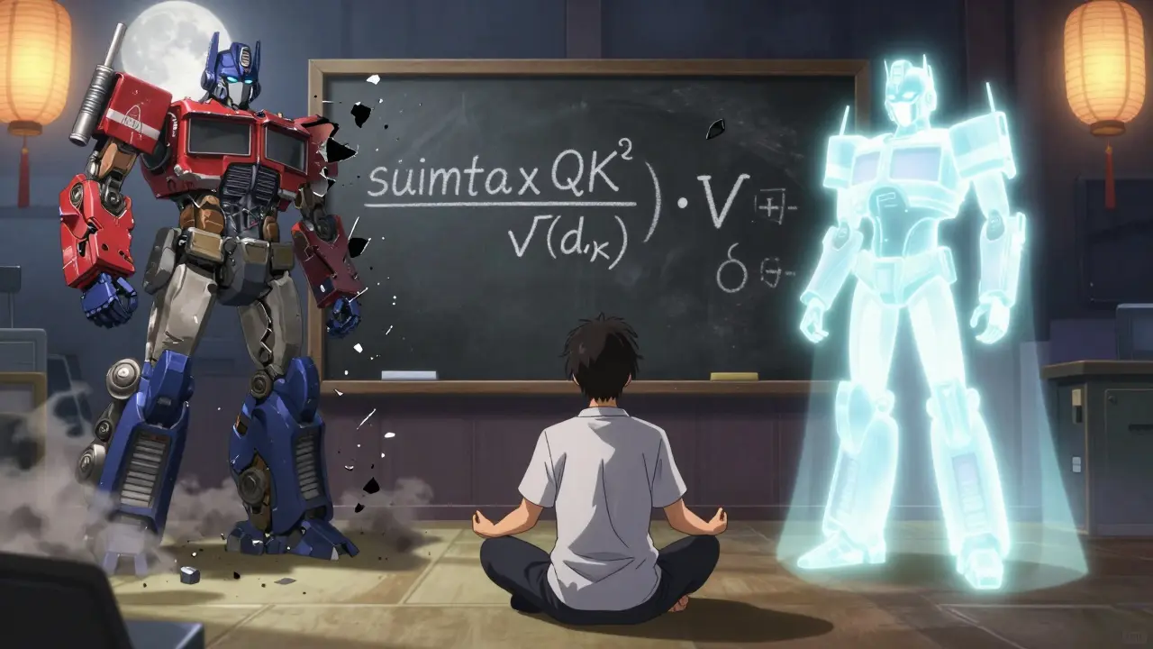 En ung utvikler i en fremtidig dojo, ser på formelen for attention med et skadet og et helbredt Transformer-modell bak seg.