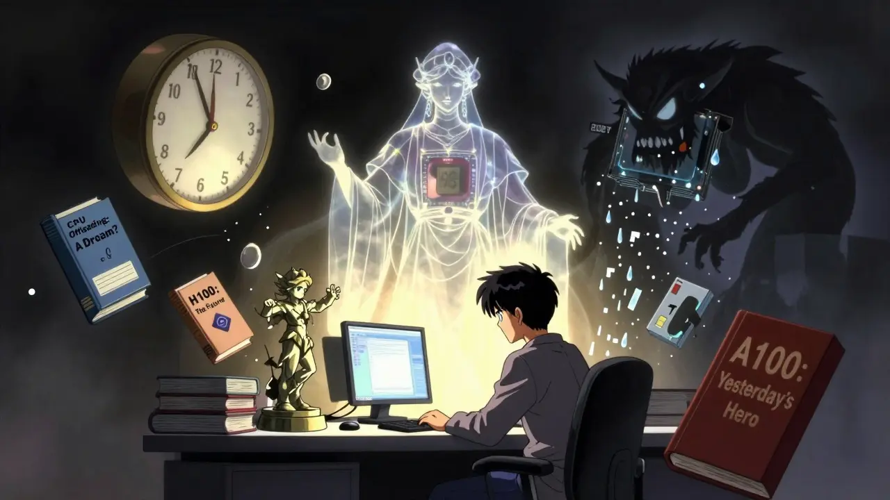 En utvikler ser på fremtiden med H100 som en guddommelig lyskilde mens gammel teknologi forsvinner.