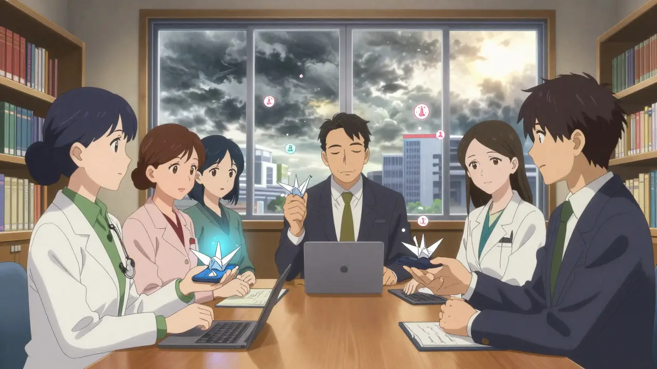 Et team holder AI-verktøy som papirkreter, med symboler for etikk og samarbeid.