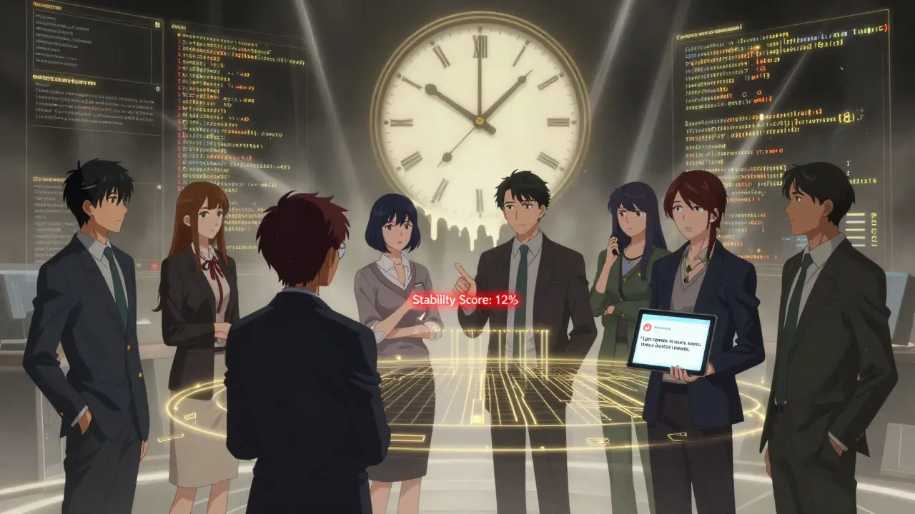 Et team ser på et holografisk dashboard med røde advarsler og gullne audit-spor, i en dramatisk, mistet nattscene.