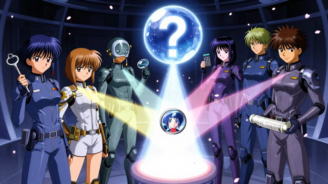 Flere agentar i anime-stil sender lysstråler som møtes i et svar, med verktøy for database, kode og bilde.