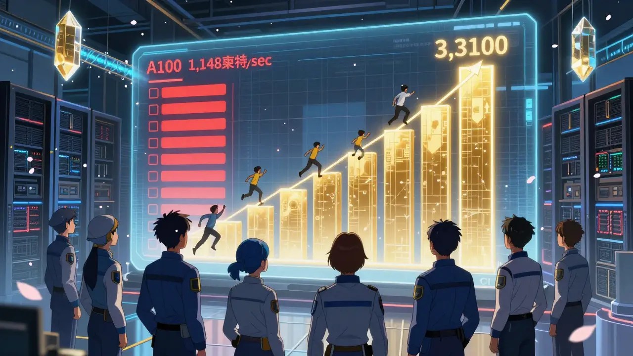 H100-gpuen genererer raskt tokens mens brukere vender ryggen til A100 i en datakjerre.