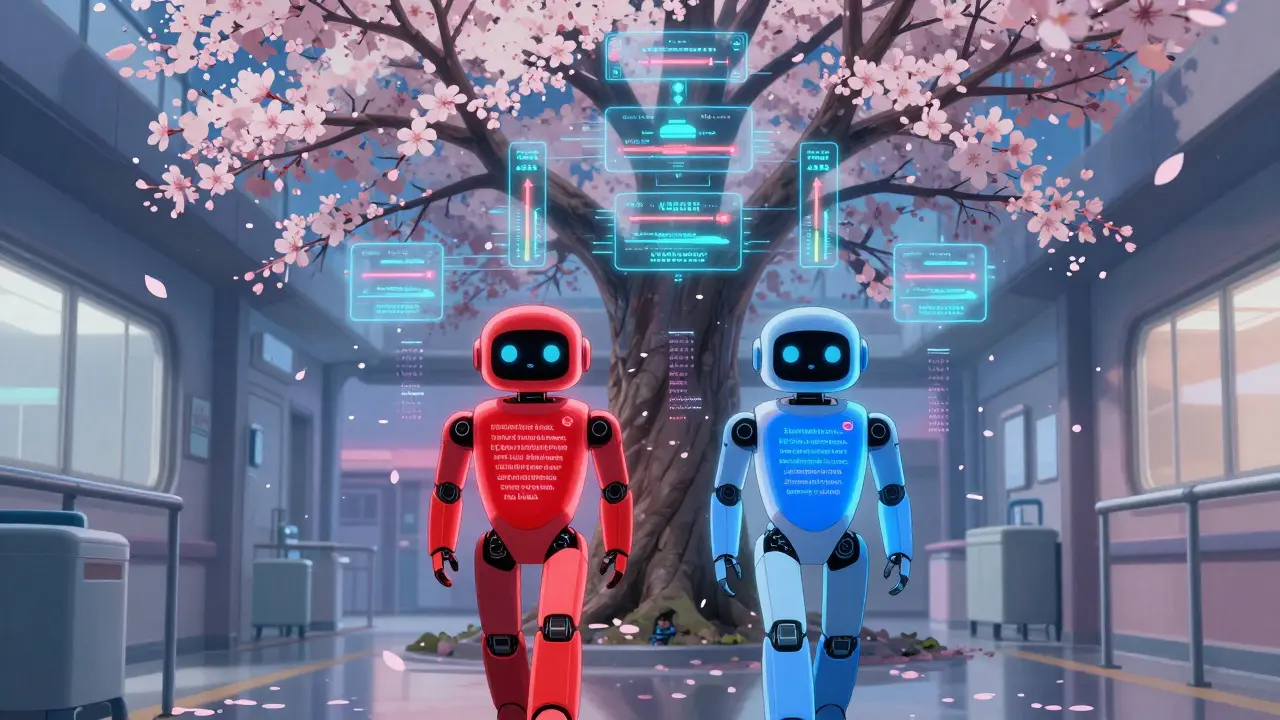 To AI-avatarer i en norsk sykehuskorridor, en med falske siteringer og en med sanne fakta, omgitt av data-blomster.