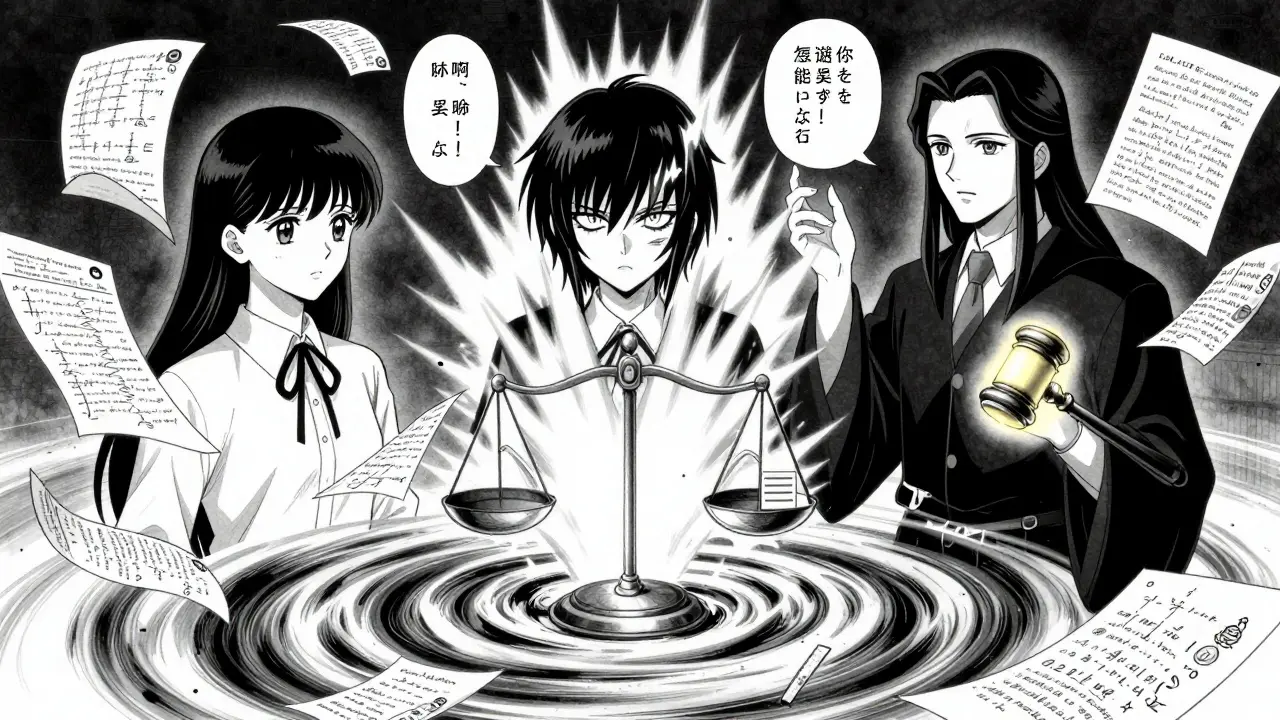 Tre AI-entiteter debatterer over en vortex av vitenskapelige og juridiske symboler, med en dommer som avslører en skjult feil.