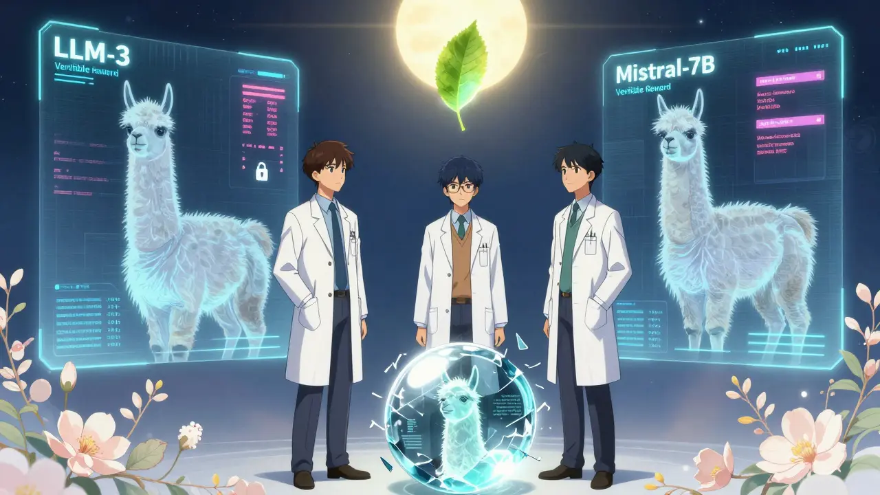 Tre eksperter ser på en holografisk vegg med modeller og et knust promptkule som sender opp en lyseblad.