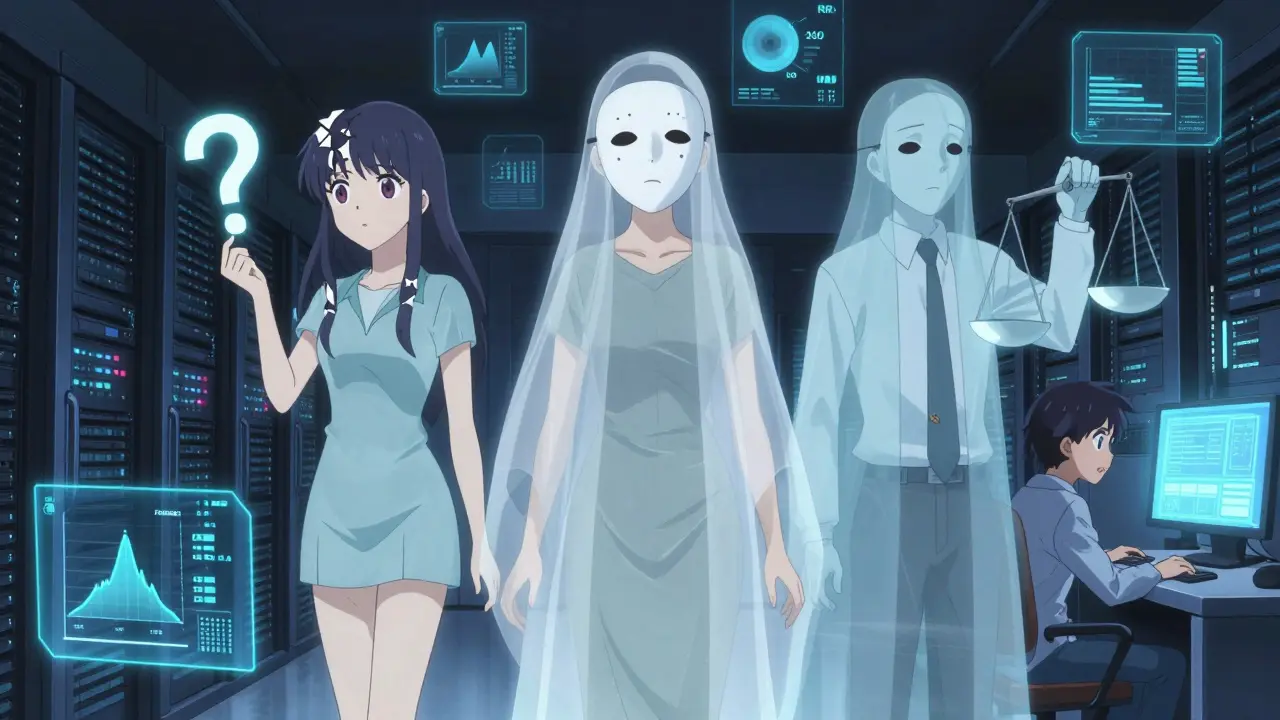 Tre spesielle ånder representerer driftstyper over en AI-serverrom med holografiske mål, mens en ingeniør ser på en alarm.