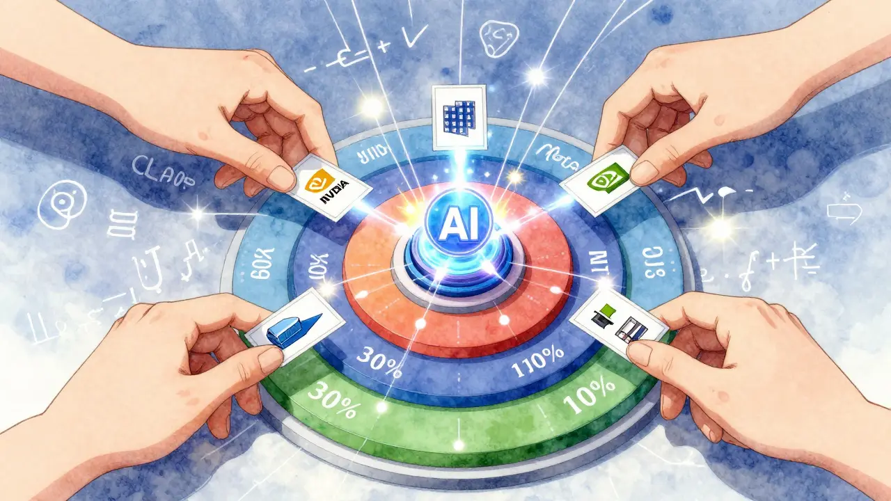 Tre store hender legger annoterte datakort inn i et multi-laget læringshjul, i CLAMP-animestil.