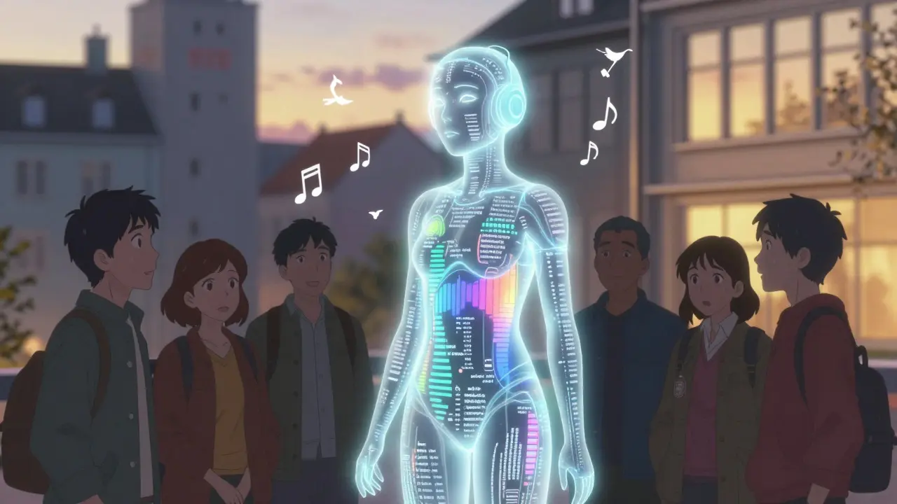 En AI-assistent i form av lys og tekster lytter til mennesker som snakker ulike norske dialekter i en byavendt scene.