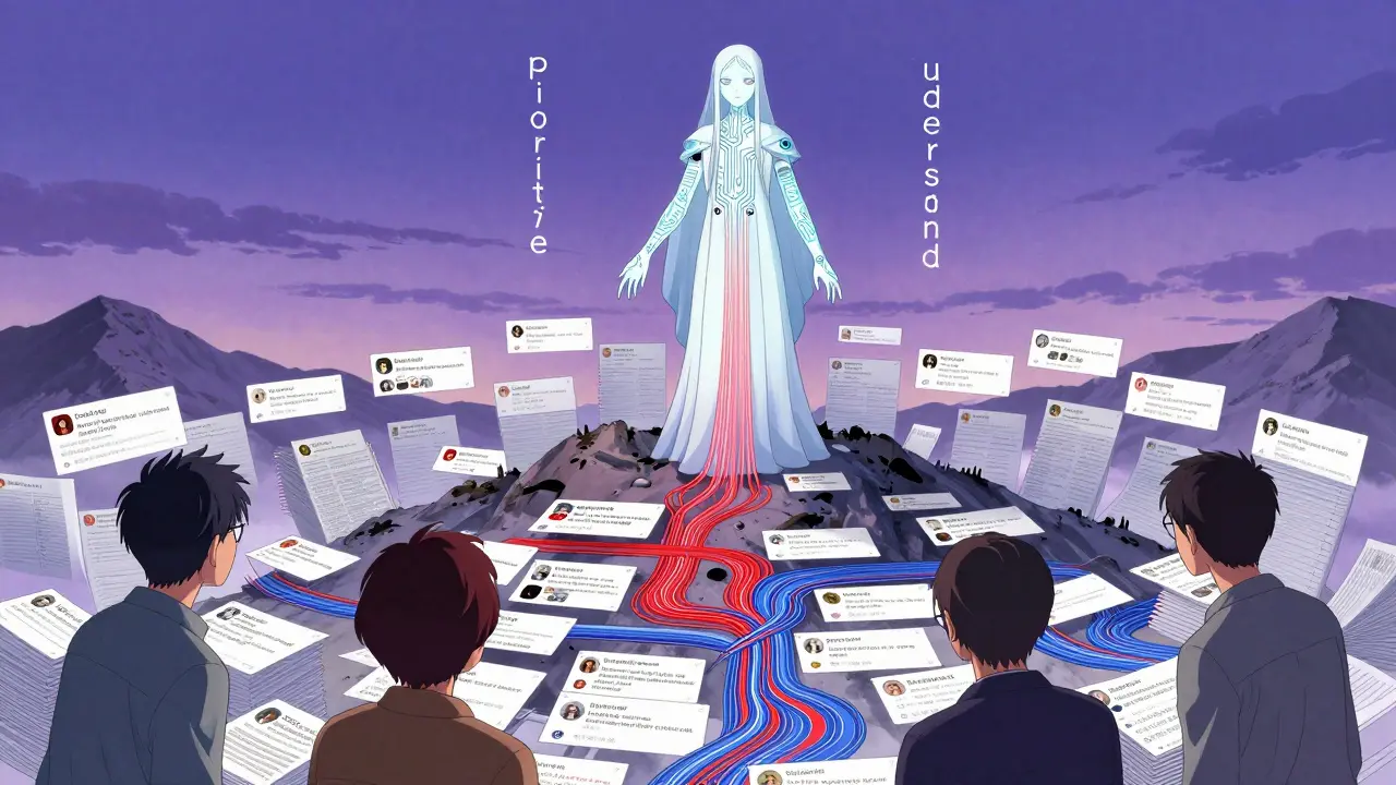 En animert AI-veiser med kretstattooer analyserer brukerdata som en fargefull vev, mens analytikere ser på fra bakken.