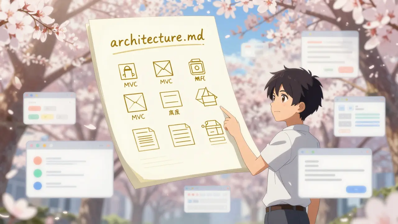 En arkitekturfil med ikoner for komponenter og mønstre hoverer over en utvikler i en blomstrende miljø.