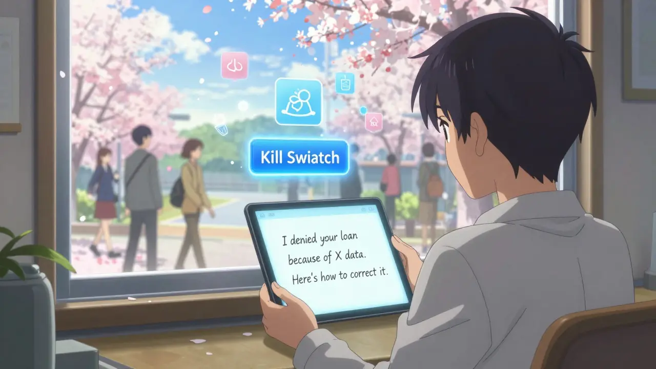 En borger ser en enkel forklaring fra en AI, mens en 'kill switch'-knapp lyser i bakgrunnen.