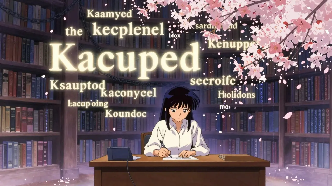 En forfatter skriver med en penn, mens fremtidige ord er skjult i skygger—fløyeord gløder bare bakover i en drømmesekvens.