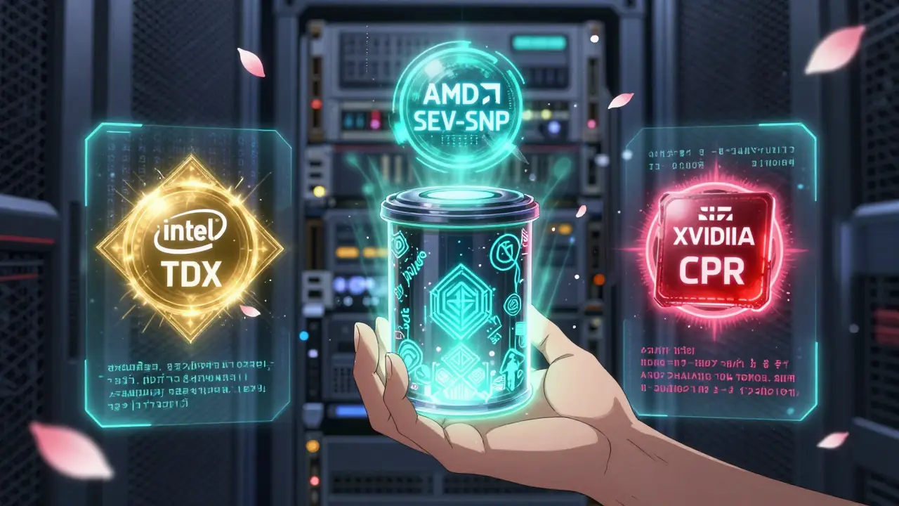 En hånd setter inn en kryptert container i en server, mens tre hardvareikoner utstråler beskyttende energifelt med ulike farger.