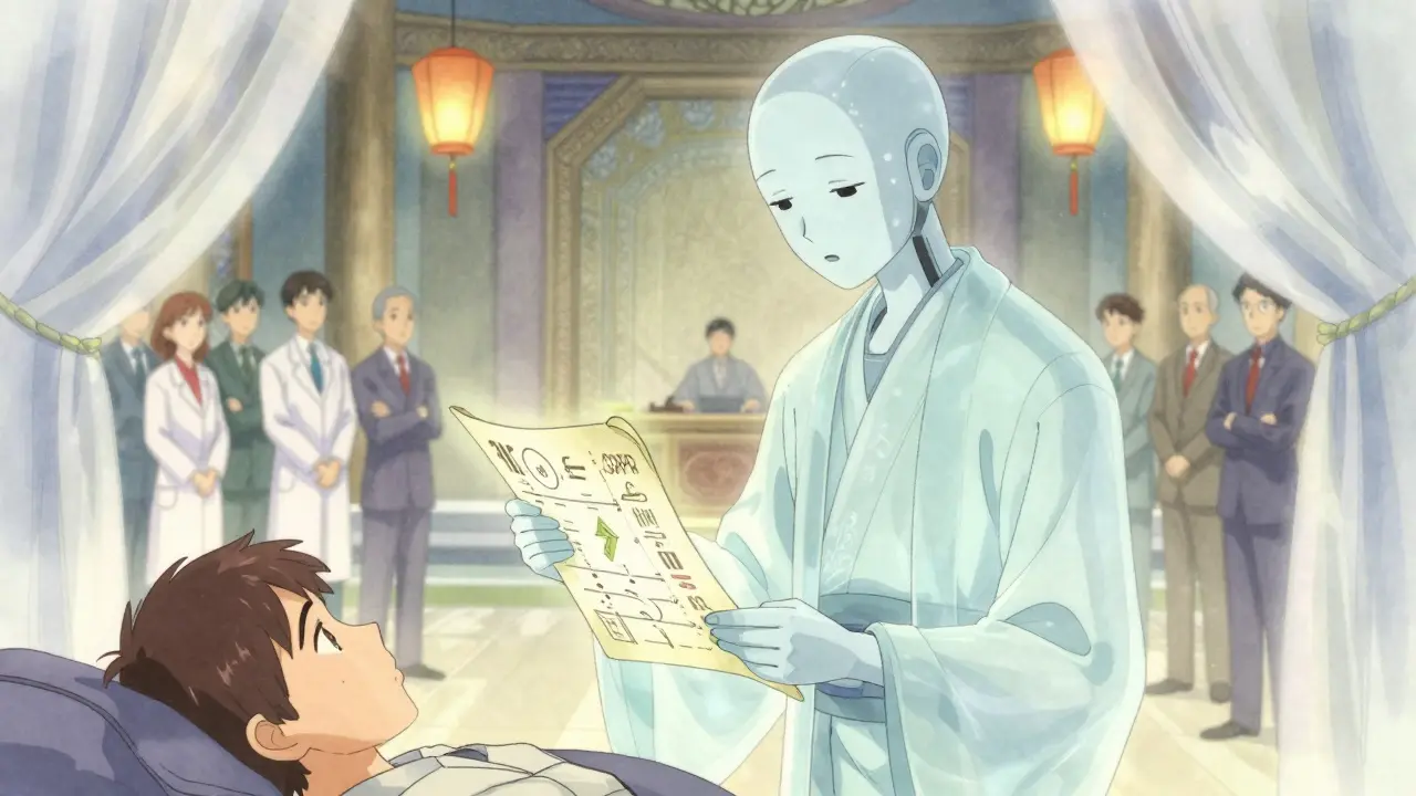 En humanoid AI-analyserer krypterte medisinske og finansielle dokumenter inne i en sikker kasse, mens eksterne observatører ser på fra avstand.