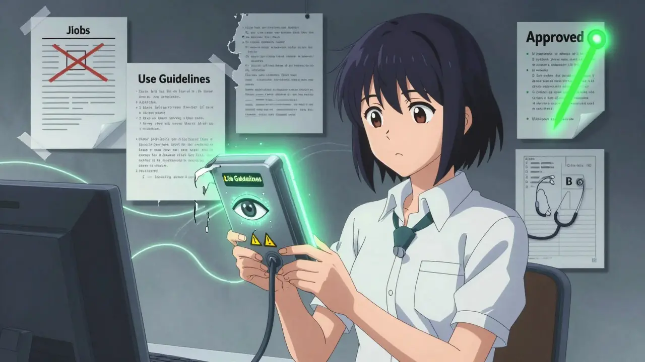 En ingeniør holder en AI-verktøy med advarselsymboler, mens dokumenter flyter bak henne.