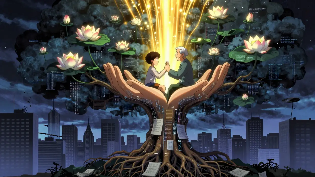 En kode-trær med lovgivningsdokumenter som røtter, og mennesker som skaper tillit gjennom samarbeid.