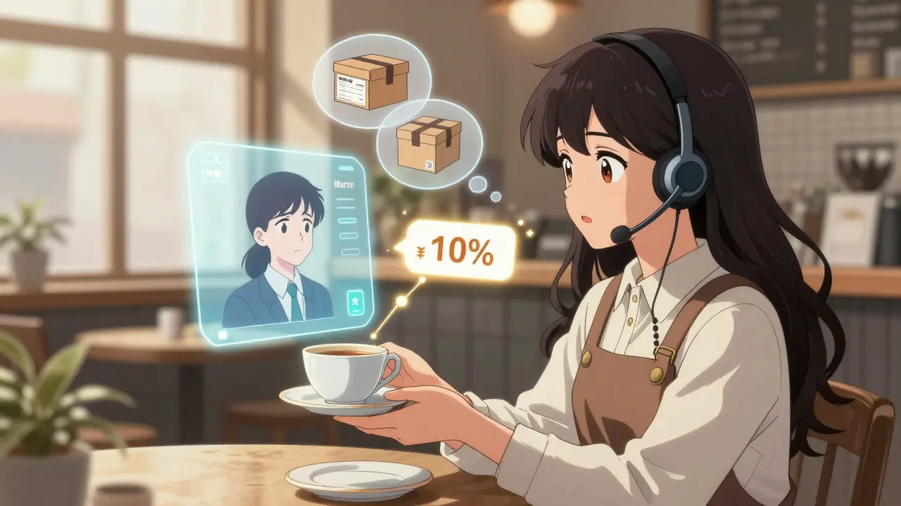 En kundeservicemedarbeider gir en kunde en teekopp mens en personlig AI-prompt vises som en gyllen hologram.