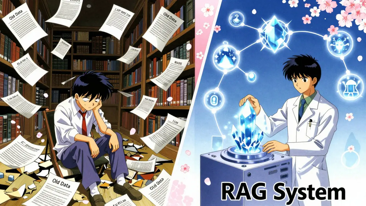 En oppdelt scene med ødelagt data mot en lysende RAG-kunnskapsbase i anime-stil.