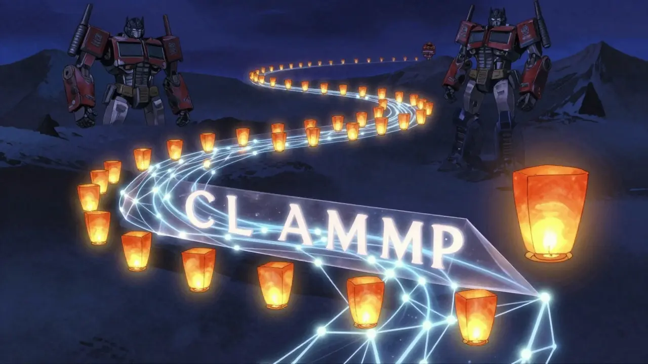 En rekke lykter flyter langs en strøm, men fremtidige lykter er slukket av en trekantet barriere—en visuell metafor for causal masking.