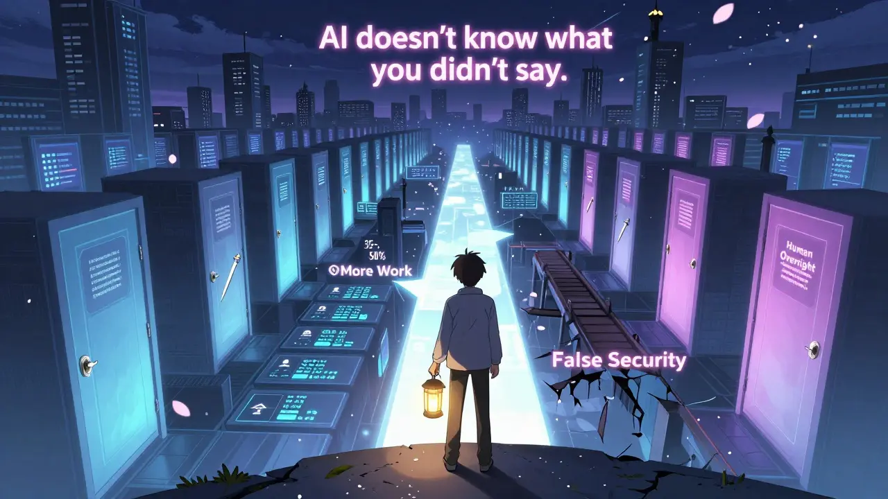 En utvikler går en vei mot sikkerhet med RBAC og rate limiting, mens AI-genererte systemer krakker bak dem.