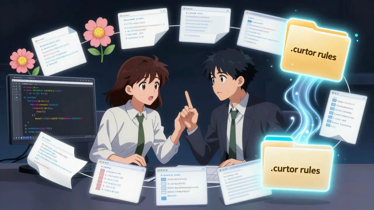 En utvikler og en AI-agente samarbeider mens kode refaktoreres, med en mappe som symboliserer kontekst-ingeniøring.