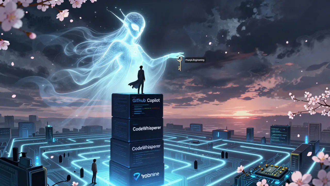 En utvikler står på en stabel av AI-verktøy, mens en etersk AI tilbyr nøkkelen til prompt engineering.