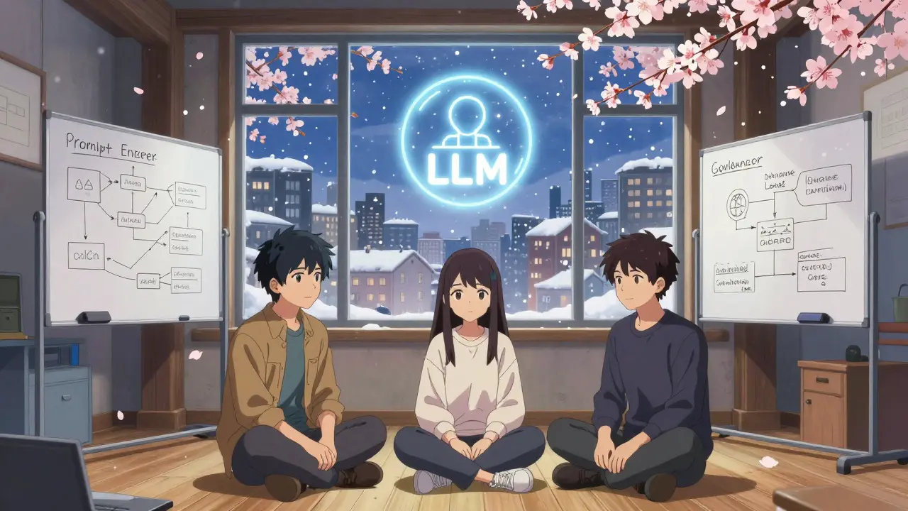 Et lite team i et Oslo-loft arbeider med håndskrevne arbeidsflyter, mens en lysende LLM-ikon lyser over dem i snøfall.