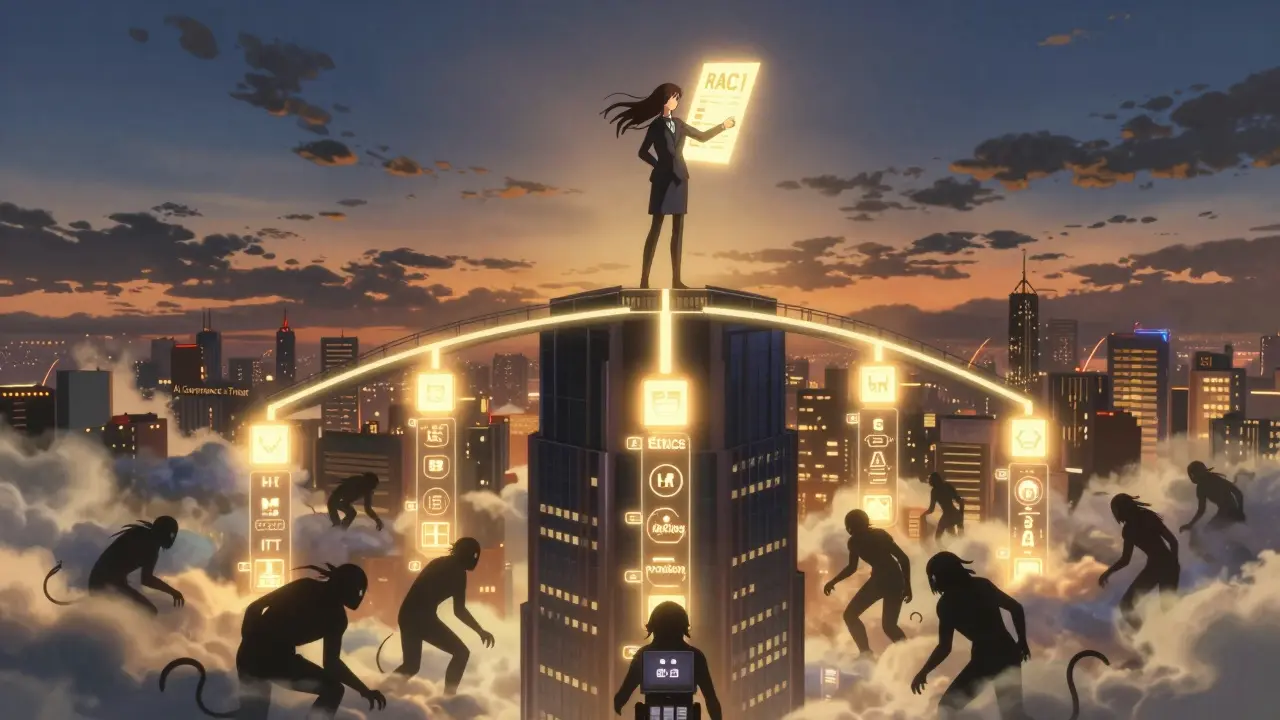 Executive holding a RACI chart that connects departments, with ethical AI pathways rising above shadowy threats.