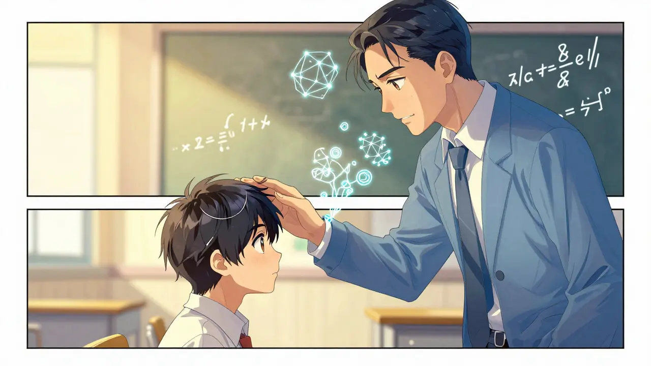 Lærermodell overfører kunnskap til elevmodell i et klasserom. Gyllen og blå farger med glødende nettverk.