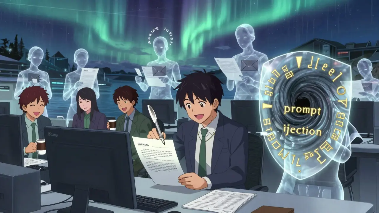 Mennesker og agenter arbeider side om side i en fremtidig norsk arbeidsplass, mens agenter beskytter mot cybertrusler med gylne skjolde.