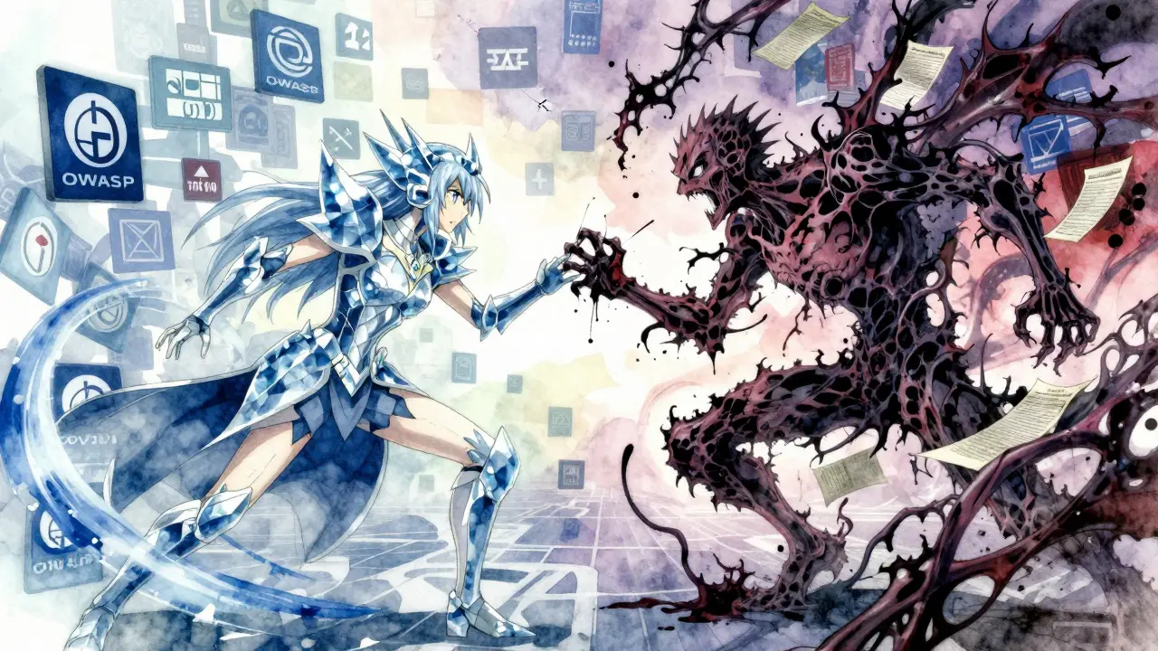 To AI-entiteter kjemper i en digital verden med OWASP-trusler og deepfake-dokumenter som flyter i luften.