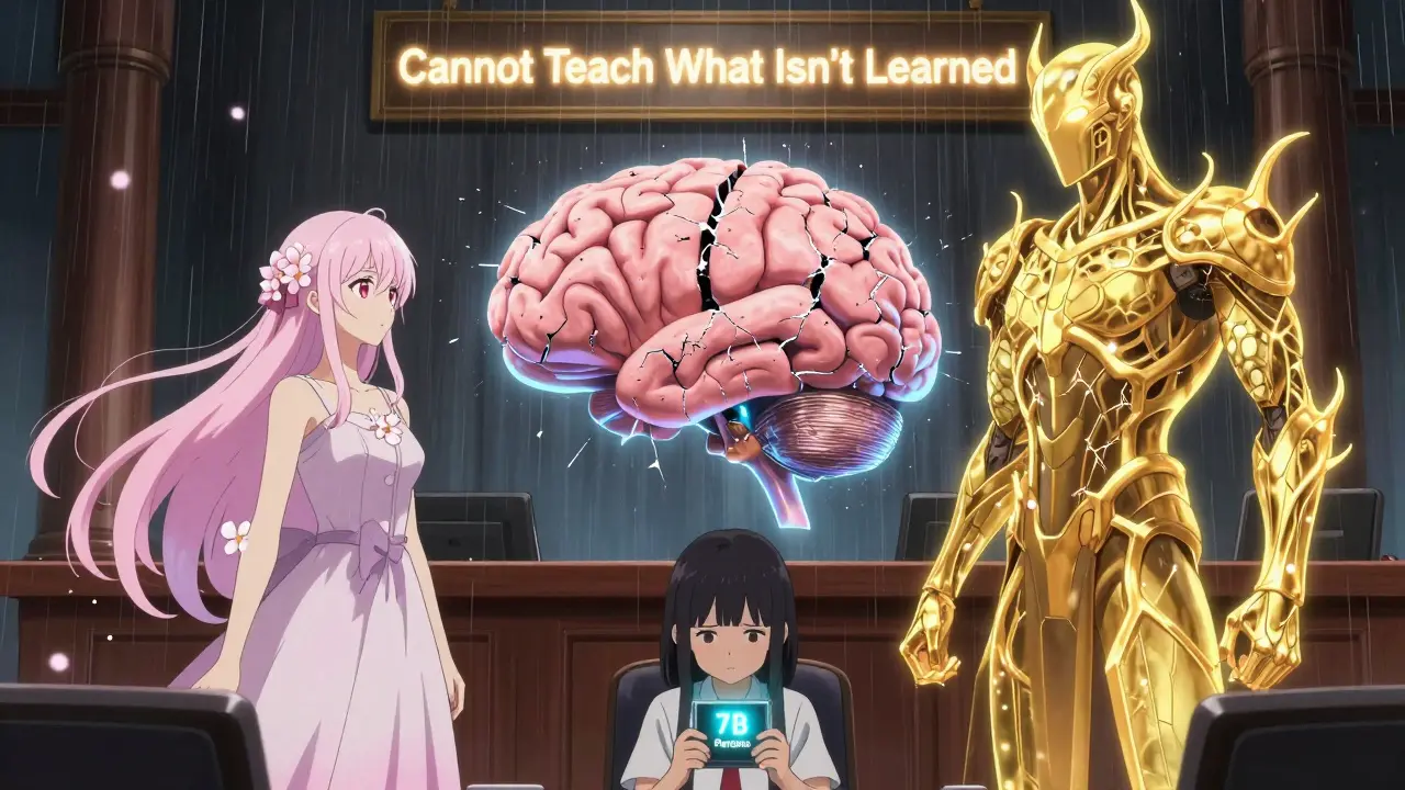 To åndelige vesener representerer prompt- og prefix-tuning mens de står foran en skadet AI-hjerne, med en tekst som sier at metoder ikke kan lære noe nytt.