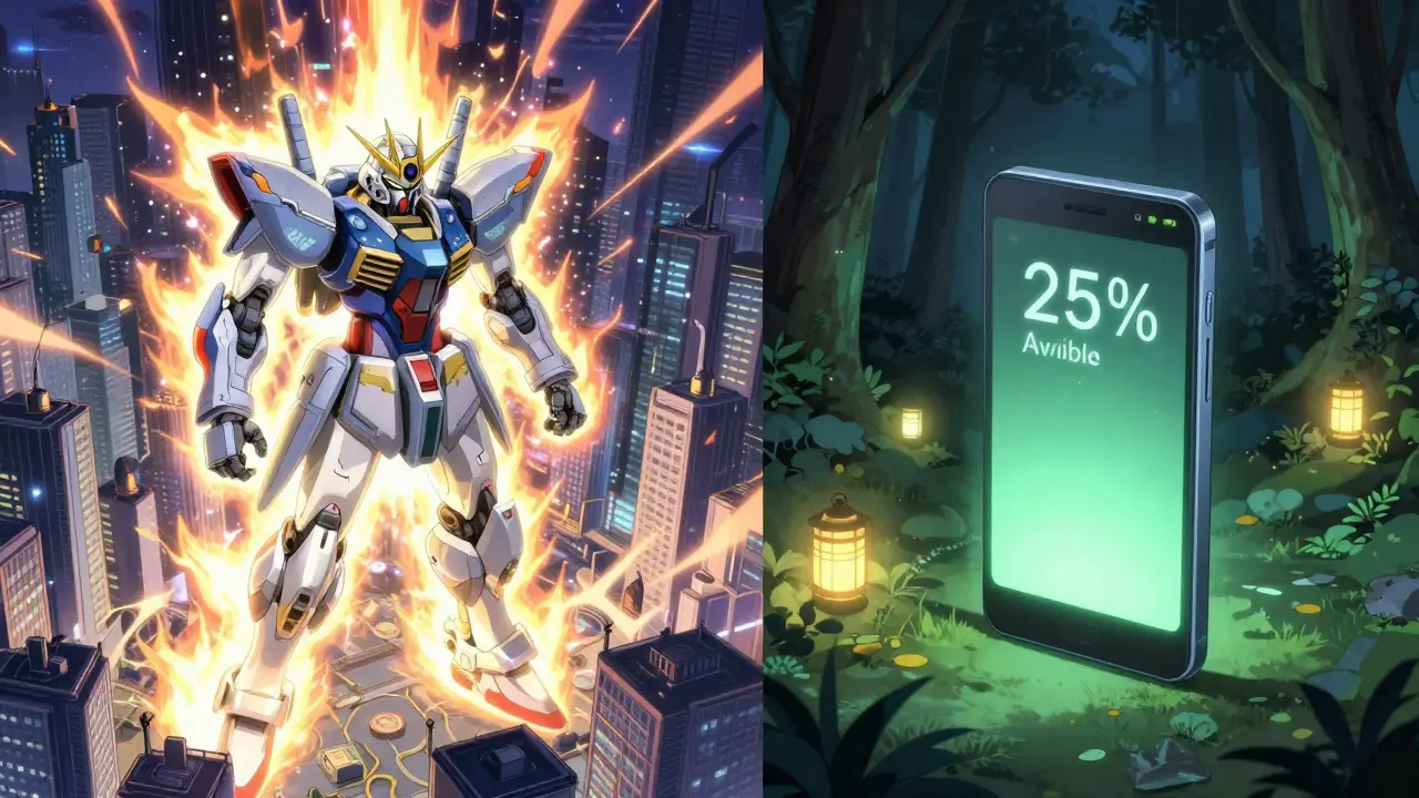 To scener: en energidrænende AI mot en miljøvennlig, spars modell i anime-stil med lysende lanterner.