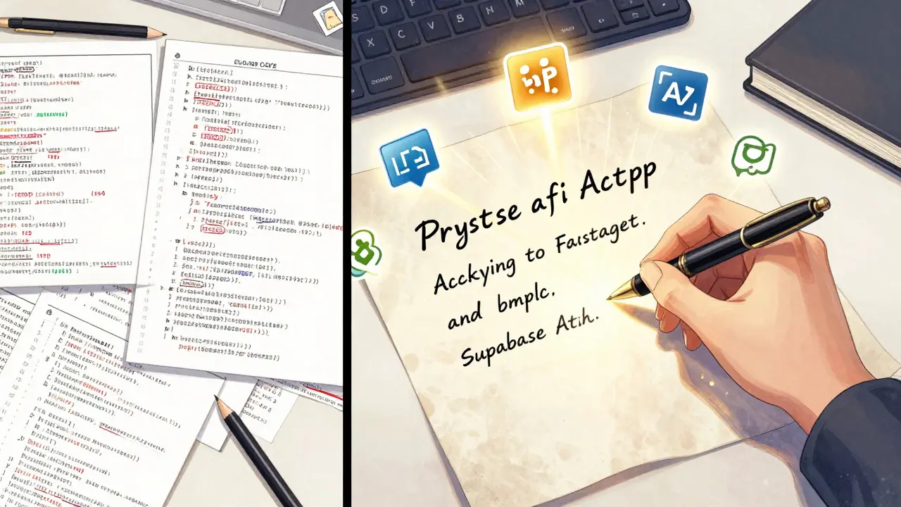 To sider av en arbeidsplass: kaos mot orden, med en lysende prompt som forvandler alt.