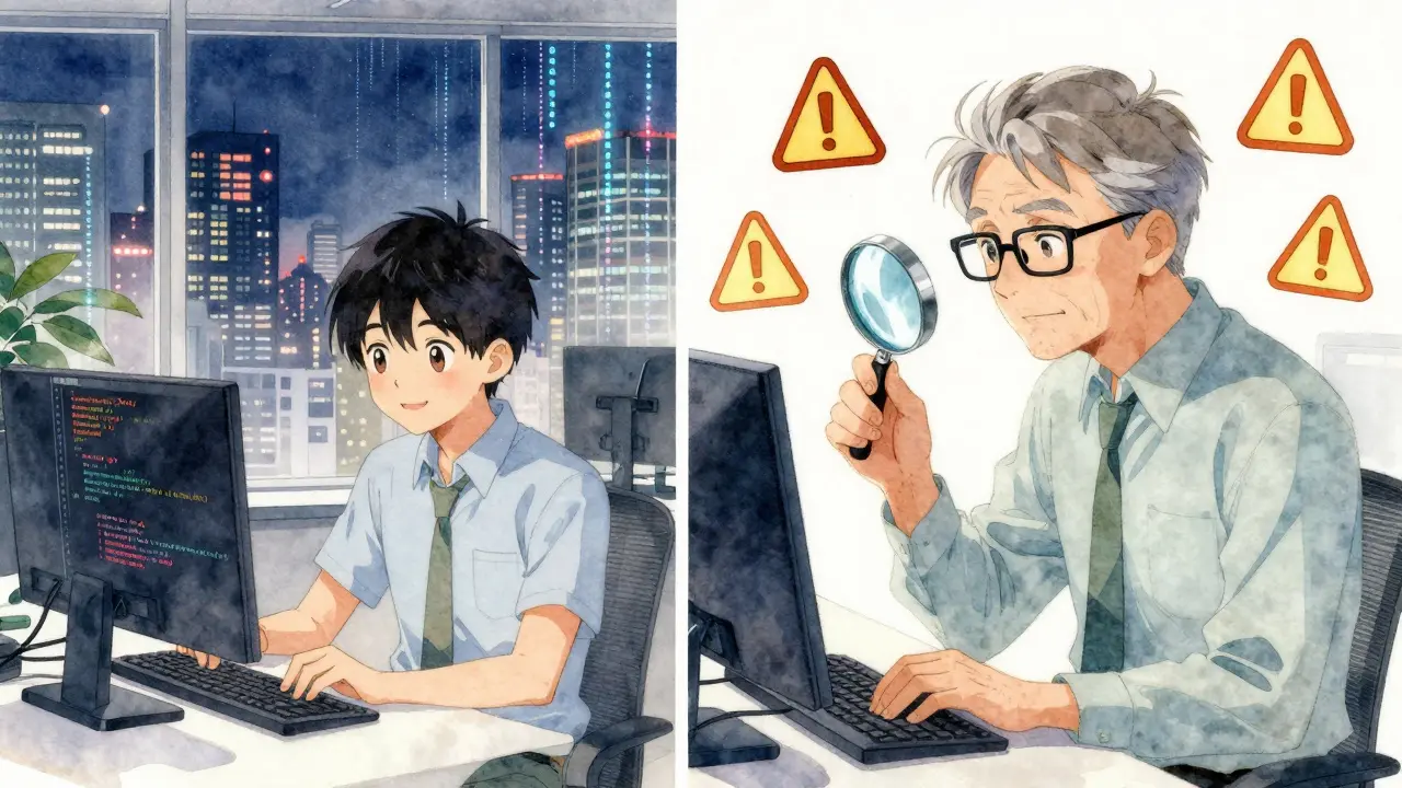 To utviklere i et kontor — en glad med AI-kode, en skeptisk med feilvarsler — i stil fra CLAMP.
