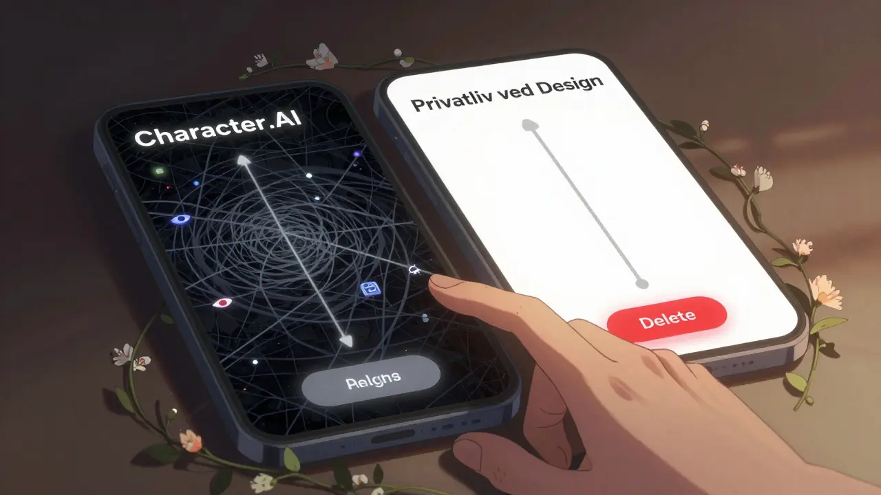 To veier: en mørk datavev mot en ren, etisk design-løsning med en slette-knapp.