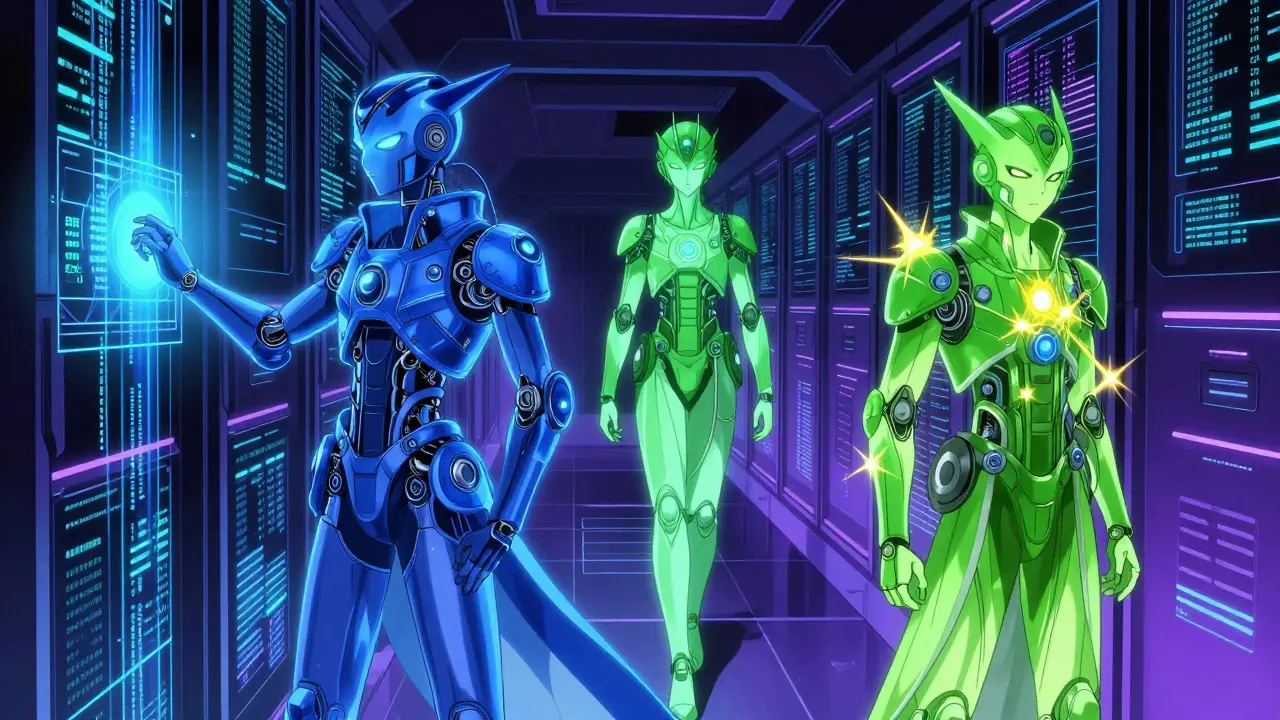 Tre AI-sikkerhetsagenter overvåker digital datastrøm med ulike farger og roller for å forhindre angrep i sanntid.