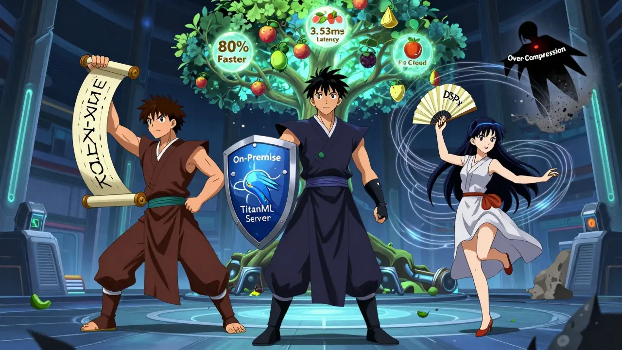 Tre AI-verktøy personifisert som mystiske voktere i en fremtidig dojo med EU AI Act-krav.