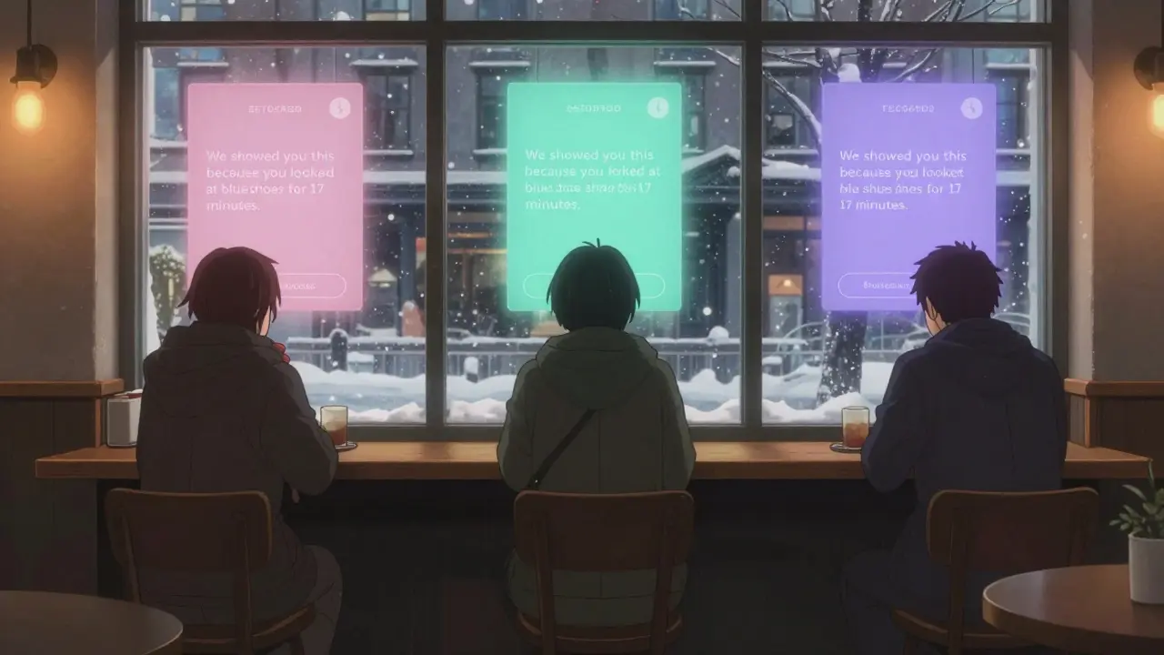 Tre kunder i en kafé ser hver sin personlige digitale innhold, hver omgitt av en egen lysfarge, mens snø faller utenfor vinduet.