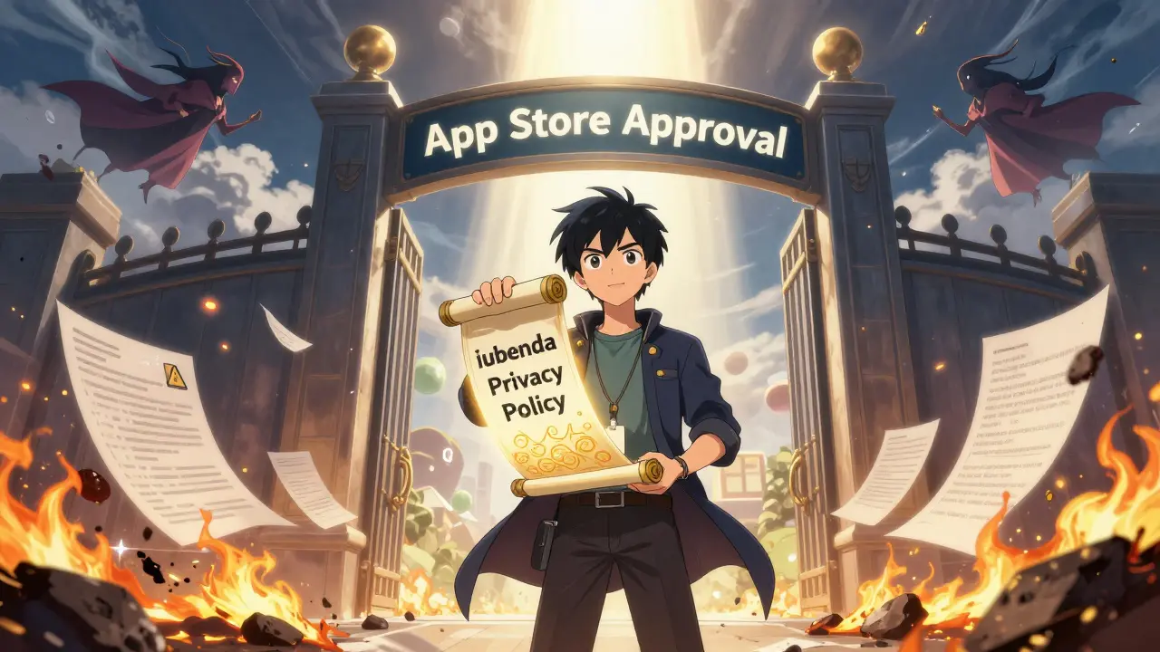 Utvikler holder en lysende personvernerklæring mens andre dokumenter brenner i bakgrunnen.