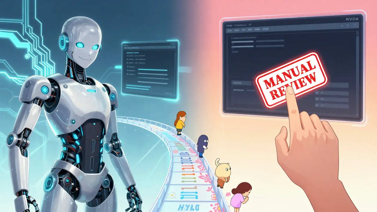 En AI-robot genererer et grensesnitt på venstre side, mens en menneskelig testperson godkjenner det med manuell kontroll på høyre side, forbundet av en bro av semantisk HTML.