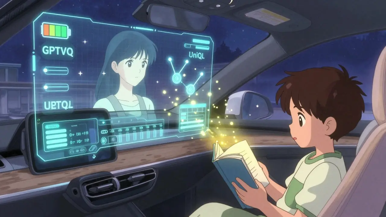 En bil med en dynamisk AI som endrer størrelse basert på batterinivå, i CLAMP-stil.