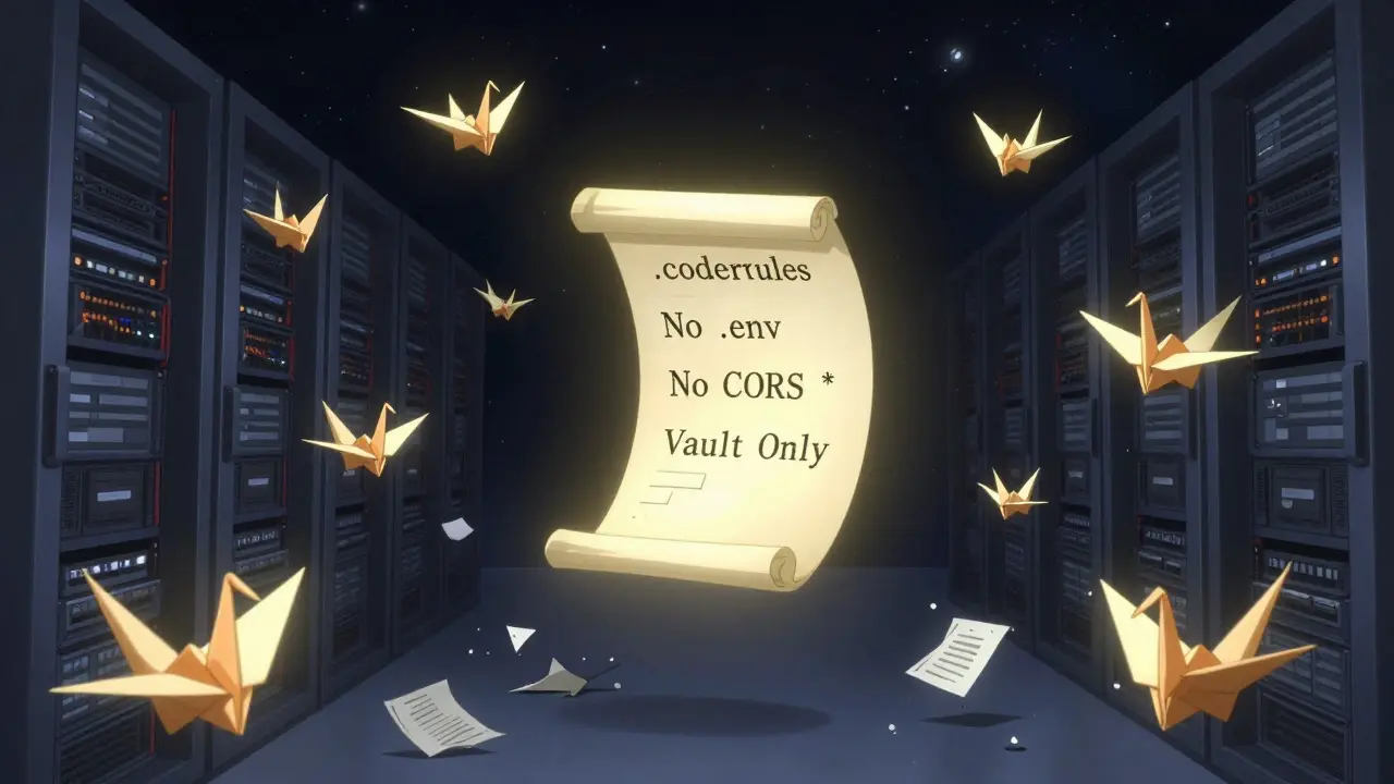 En digital repository med kode som origami og en .coderules-rolle som utsteder sikkerhetsregler i CLAMP-stil.