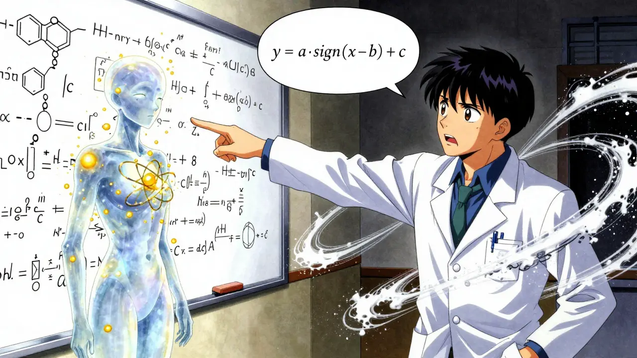 En forsker og en AI med flytende atomer ser på en matematisk ligning som vises i luften, i anime-stil.