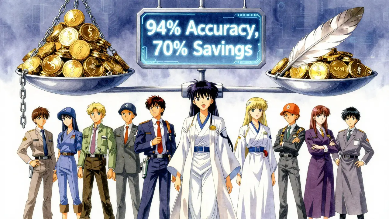 En gruppe ingeniører står foran en vekt som balanserer 5.000 token mot bare 600 — symboliserer effektivitet og sparing.